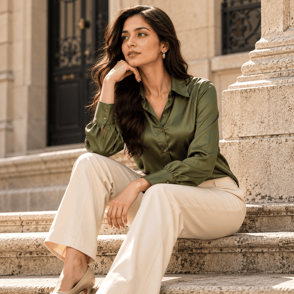 Classic Satin Shirt – Olive